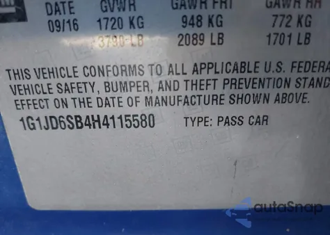 2017 Chevrolet Sonic Lt Auto z USA, uszkodzony, nr VIN 1G1JD6SB4H4115580